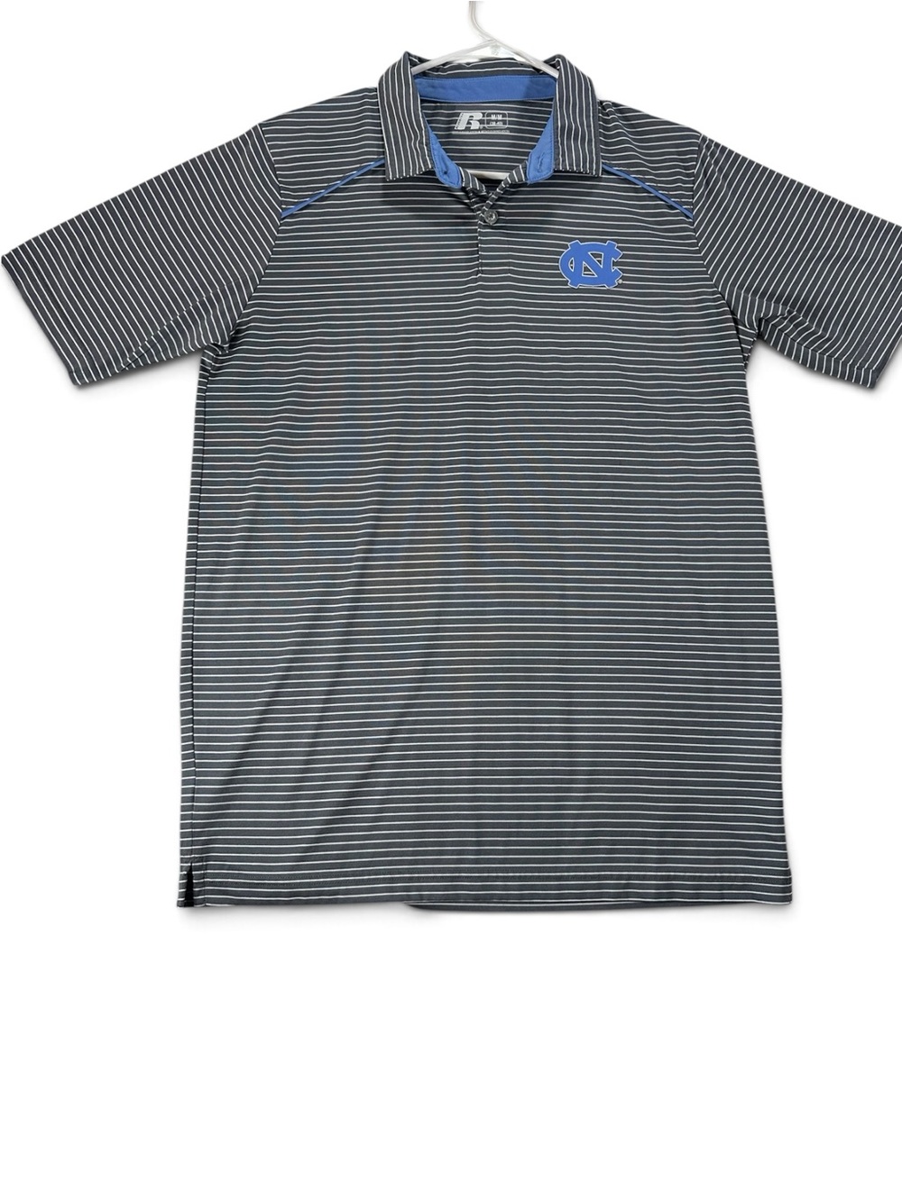 Russell Athletic Gray Striped Men’s M Polo with Carolina Tarheels Blue Logo